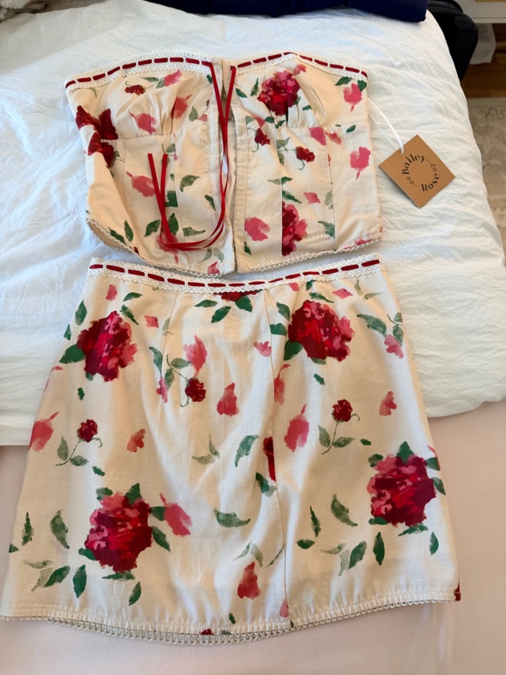 Bailey Rose Cream Floral Two-Piece Dress Set with Red Rose Print